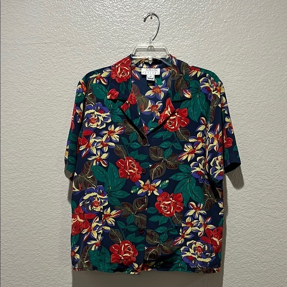 Vtg 90's Talbots Petites Colorful Silk Hawaiian Style Short Sleeve Shirt Sz 14P